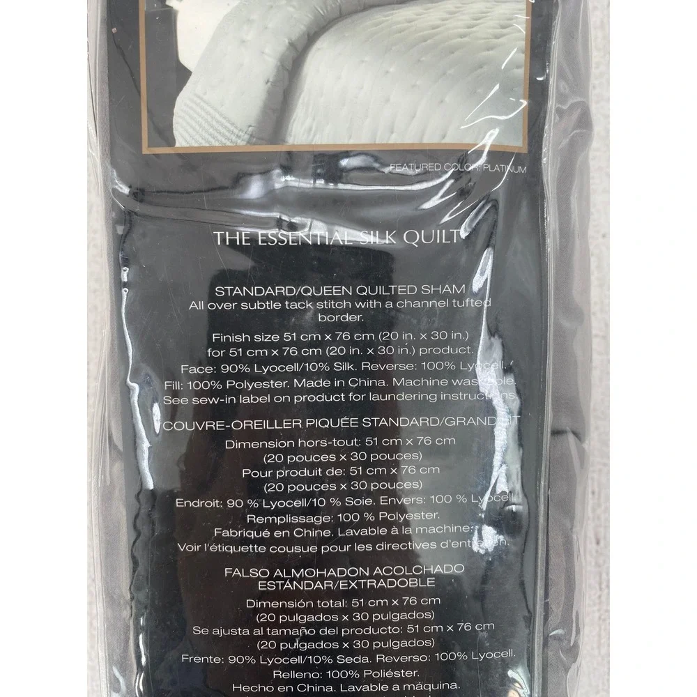 Donna Karan Home Quilted Sham Standard Queen Platinum Silk Blend Tack Stitch